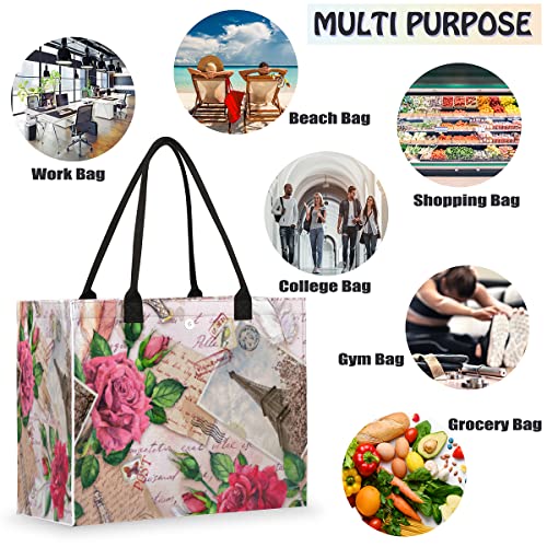 Eiffel Tower Rose Reusable Grocery Shopping Bag with Hard Bottom, Brilliant Paris Large Foldable Multipurpose Heavy Duty Tote with Zipper Pockets, Stands Upright, Durable and Eco Friendly, Beach Bag