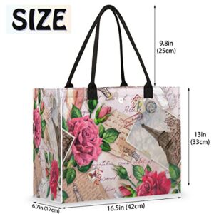 Eiffel Tower Rose Reusable Grocery Shopping Bag with Hard Bottom, Brilliant Paris Large Foldable Multipurpose Heavy Duty Tote with Zipper Pockets, Stands Upright, Durable and Eco Friendly, Beach Bag