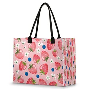 pink strawberry reusable grocery shopping bag with hard bottom, strawberry pattern large foldable multipurpose heavy duty tote with zipper pockets, stands upright, durable and eco friendly, beach bag