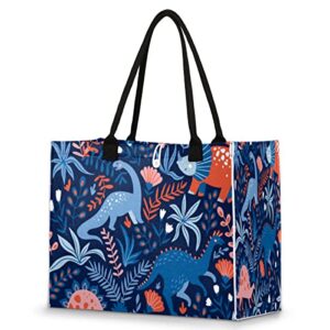 cartoon dinosaur reusable grocery shopping bag with hard bottom, cute animal large foldable multipurpose heavy duty tote with zipper pockets, stands upright, durable and eco friendly, beach bag