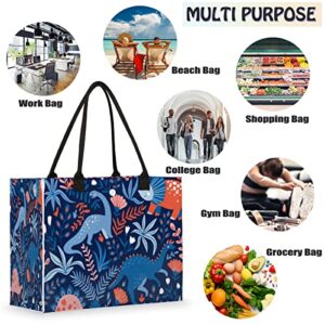 Cartoon Dinosaur Reusable Grocery Shopping Bag with Hard Bottom, Cute Animal Large Foldable Multipurpose Heavy Duty Tote with Zipper Pockets, Stands Upright, Durable and Eco Friendly, Beach Bag