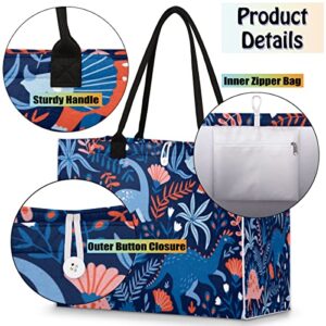 Cartoon Dinosaur Reusable Grocery Shopping Bag with Hard Bottom, Cute Animal Large Foldable Multipurpose Heavy Duty Tote with Zipper Pockets, Stands Upright, Durable and Eco Friendly, Beach Bag