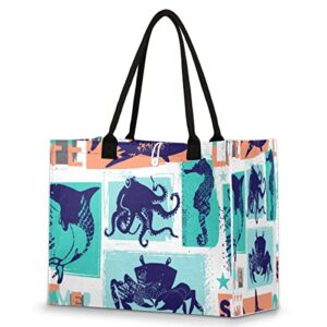 dolphin crab reusable grocery shopping bag with hard bottom, ocean animal printing large foldable multipurpose heavy duty tote with zipper pockets, stands upright, durable and eco friendly, beach bag