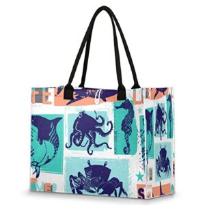 Dolphin Crab Reusable Grocery Shopping Bag with Hard Bottom, Ocean Animal Printing Large Foldable Multipurpose Heavy Duty Tote with Zipper Pockets, Stands Upright, Durable and Eco Friendly, Beach Bag