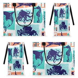 Dolphin Crab Reusable Grocery Shopping Bag with Hard Bottom, Ocean Animal Printing Large Foldable Multipurpose Heavy Duty Tote with Zipper Pockets, Stands Upright, Durable and Eco Friendly, Beach Bag