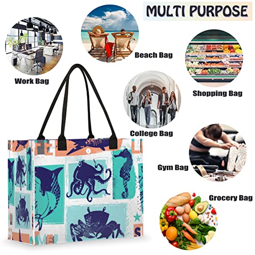 Dolphin Crab Reusable Grocery Shopping Bag with Hard Bottom, Ocean Animal Printing Large Foldable Multipurpose Heavy Duty Tote with Zipper Pockets, Stands Upright, Durable and Eco Friendly, Beach Bag