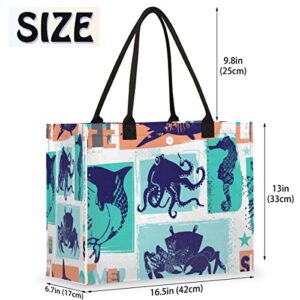 Dolphin Crab Reusable Grocery Shopping Bag with Hard Bottom, Ocean Animal Printing Large Foldable Multipurpose Heavy Duty Tote with Zipper Pockets, Stands Upright, Durable and Eco Friendly, Beach Bag