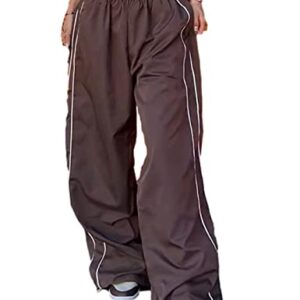 Shebote Womens Parachute Pants Wide Leg Baggy Pants Y2K Elastic Waist Jogger Sweatpants Track Pants Streetwear(0046-Coffee-S)