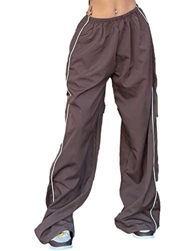 Shebote Womens Parachute Pants Wide Leg Baggy Pants Y2K Elastic Waist Jogger Sweatpants Track Pants Streetwear(0046-Coffee-S)