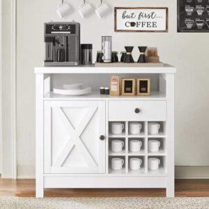 4ever2buy white coffee bar cabinet with storage, kitchen buffet cabinet with barn door, farmhouse coffee bar with adjustable shelf, small coffee bar table with drawer open shelf, dining living room