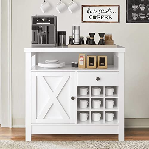 4ever2buy White Coffee Bar Cabinet with Storage, Kitchen Buffet Cabinet with Barn Door, Farmhouse Coffee Bar with Adjustable Shelf, Small Coffee Bar Table with Drawer Open Shelf, Dining Living Room