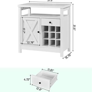 4ever2buy White Coffee Bar Cabinet with Storage, Kitchen Buffet Cabinet with Barn Door, Farmhouse Coffee Bar with Adjustable Shelf, Small Coffee Bar Table with Drawer Open Shelf, Dining Living Room