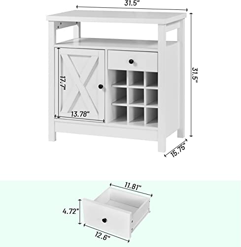 4ever2buy White Coffee Bar Cabinet with Storage, Kitchen Buffet Cabinet with Barn Door, Farmhouse Coffee Bar with Adjustable Shelf, Small Coffee Bar Table with Drawer Open Shelf, Dining Living Room