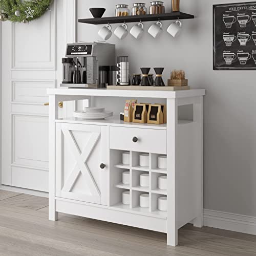 4ever2buy White Coffee Bar Cabinet with Storage, Kitchen Buffet Cabinet with Barn Door, Farmhouse Coffee Bar with Adjustable Shelf, Small Coffee Bar Table with Drawer Open Shelf, Dining Living Room