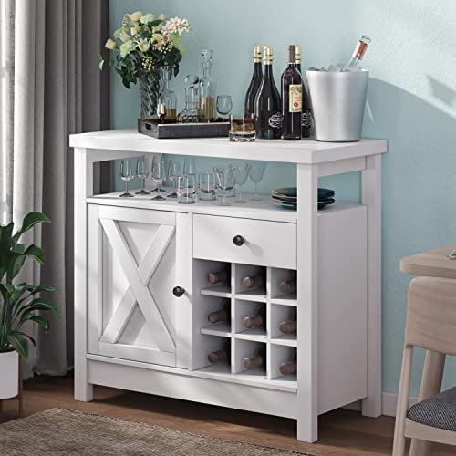 4ever2buy White Coffee Bar Cabinet with Storage, Kitchen Buffet Cabinet with Barn Door, Farmhouse Coffee Bar with Adjustable Shelf, Small Coffee Bar Table with Drawer Open Shelf, Dining Living Room