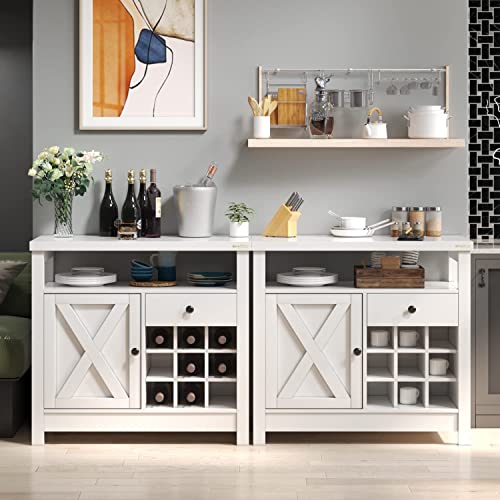 4ever2buy White Coffee Bar Cabinet with Storage, Kitchen Buffet Cabinet with Barn Door, Farmhouse Coffee Bar with Adjustable Shelf, Small Coffee Bar Table with Drawer Open Shelf, Dining Living Room