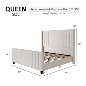 Amerlife Queen Size Bed Frame, Velvet Upholstered Platform Bed with Vertical Channel Tufted Headboard & Footboard/Wingback, Mattress Foundation with Wood Slats, No Box Spring Needed, Cream