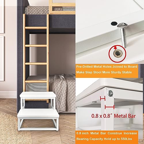 TSTWETO Wooden Step Stools for Adults Kids, 2 Step Kitchen Step Stool,Wood Bedside Step Stool for Kids, Heavy Duty Bed Step Stools for High Beds, Bathroom Stool Hold Up to 550Lbs Capacity -White