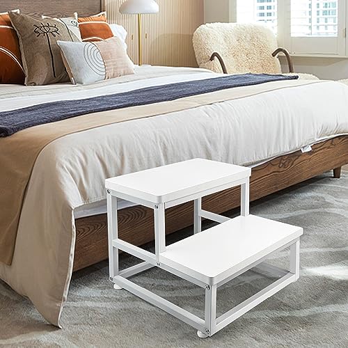 TSTWETO Wooden Step Stools for Adults Kids, 2 Step Kitchen Step Stool,Wood Bedside Step Stool for Kids, Heavy Duty Bed Step Stools for High Beds, Bathroom Stool Hold Up to 550Lbs Capacity -White