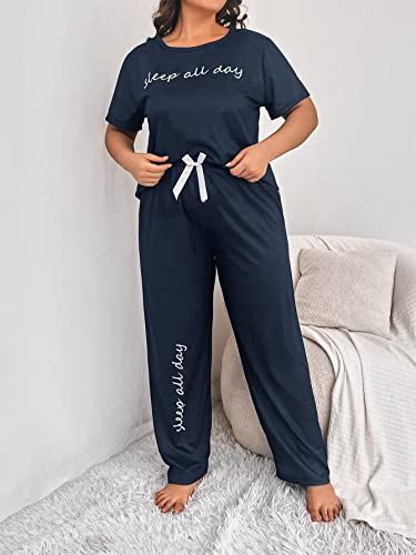 Floerns Women's Plus Size Pajamas Graphic Print Short Sleeve Tee with Pants Pj Set Navy Blue 5XL