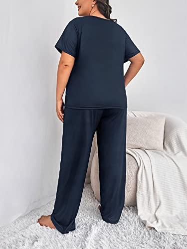 Floerns Women's Plus Size Pajamas Graphic Print Short Sleeve Tee with Pants Pj Set Navy Blue 5XL