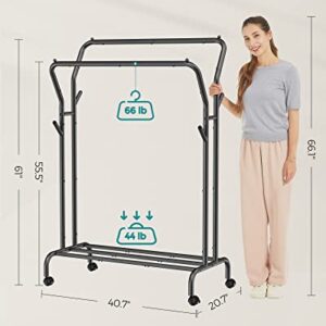SONGMICS Clothes Rack, Double-Rod Clothing Rack with Wheels, Heavy-Duty Metal Frame, Garment Rack, 220 lb Max. Total Load, 40.7 Inches Wide, Clothes Storage and Display, Black UHSR107B01