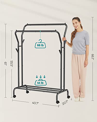 SONGMICS Clothes Rack, Double-Rod Clothing Rack with Wheels, Heavy-Duty Metal Frame, Garment Rack, 220 lb Max. Total Load, 40.7 Inches Wide, Clothes Storage and Display, Black UHSR107B01