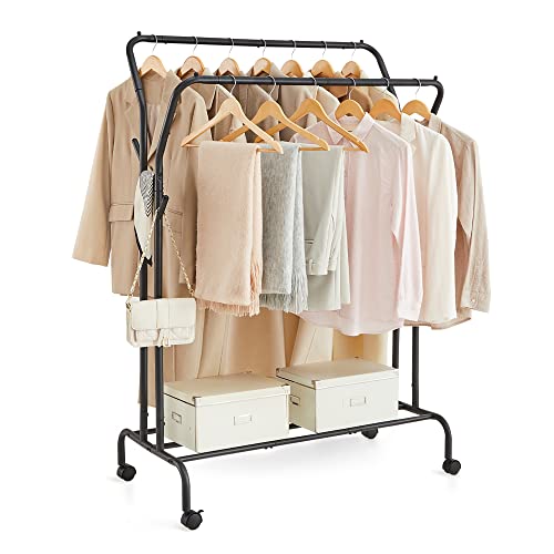 SONGMICS Clothes Rack, Double-Rod Clothing Rack with Wheels, Heavy-Duty Metal Frame, Garment Rack, 220 lb Max. Total Load, 40.7 Inches Wide, Clothes Storage and Display, Black UHSR107B01