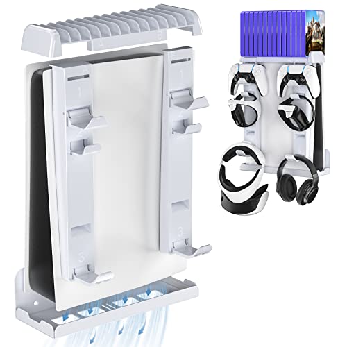 PS5 and PSVR2 Wall Mount, Grathia 8 in 1 Sturdy PS5 and PSVR2 Wall Mount Kit with Controller Holder and Headphone Hanger, 14 Video Game Storage Stand for Playstation 5 (Disc and Digital Edition)