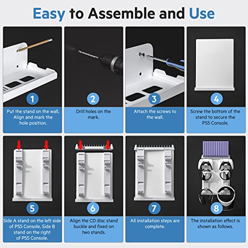 PS5 and PSVR2 Wall Mount, Grathia 8 in 1 Sturdy PS5 and PSVR2 Wall Mount Kit with Controller Holder and Headphone Hanger, 14 Video Game Storage Stand for Playstation 5 (Disc and Digital Edition)