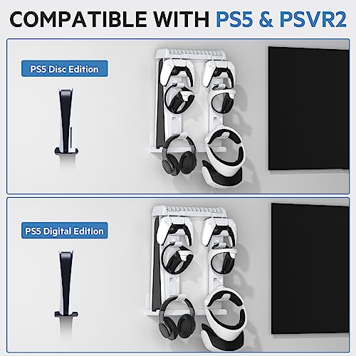 PS5 and PSVR2 Wall Mount, Grathia 8 in 1 Sturdy PS5 and PSVR2 Wall Mount Kit with Controller Holder and Headphone Hanger, 14 Video Game Storage Stand for Playstation 5 (Disc and Digital Edition)
