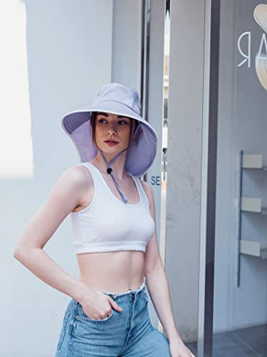 Womens Wide Brim UV Sun Protection Hats Foldable Waterproof Fish Hat Women with Neck Flap Light-Purple