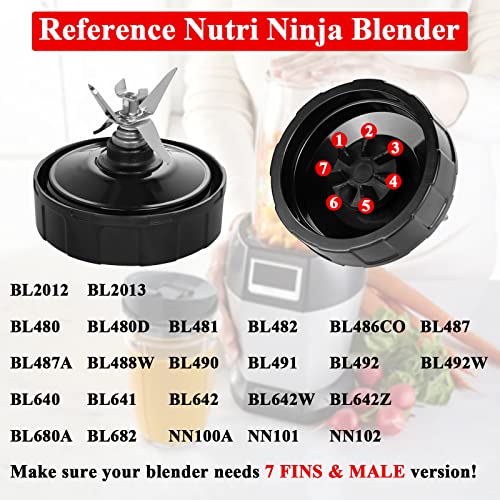 Funmit Blender Replacement Parts Fit for Ninja, 24oz with 7 Fins Blades & Seal Lid Fit for Nutri Ninja SS151 BL480 BL482 BL642 NN102 BL682 (2-pack)