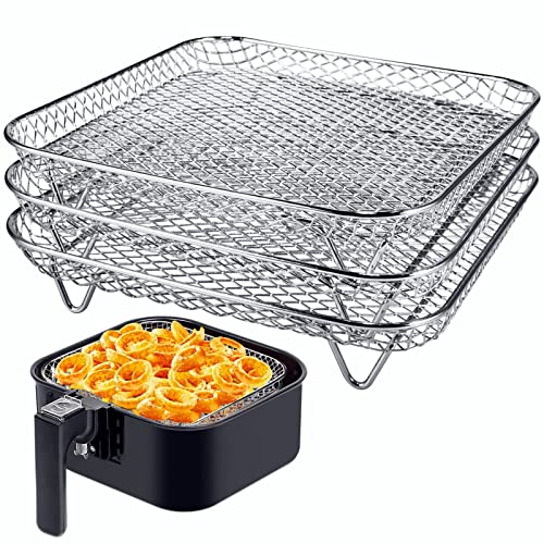 3 Pcs Air Fryer Rack, 8" Stackable Square Stainless Steel Racks, Fits 4.2QT-5.8QT Air Fryer, Compatible with Instant Vortex, Philips, COSORI Air Fryer, Dehydrator Rack Air fryer Accessories (Silver)