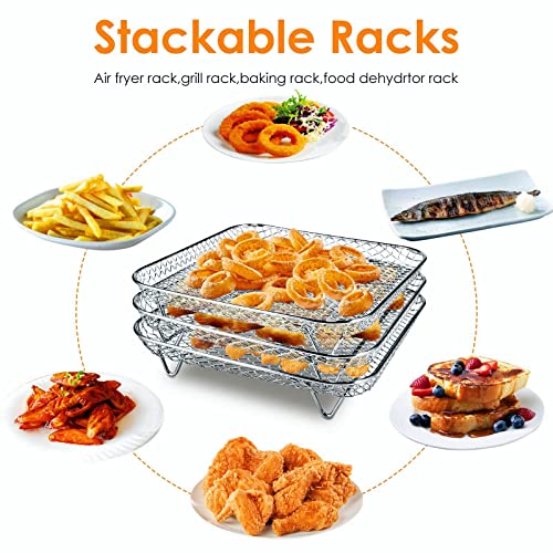 3 Pcs Air Fryer Rack, 8" Stackable Square Stainless Steel Racks, Fits 4.2QT-5.8QT Air Fryer, Compatible with Instant Vortex, Philips, COSORI Air Fryer, Dehydrator Rack Air fryer Accessories (Silver)