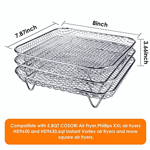 3 Pcs Air Fryer Rack, 8" Stackable Square Stainless Steel Racks, Fits 4.2QT-5.8QT Air Fryer, Compatible with Instant Vortex, Philips, COSORI Air Fryer, Dehydrator Rack Air fryer Accessories (Silver)
