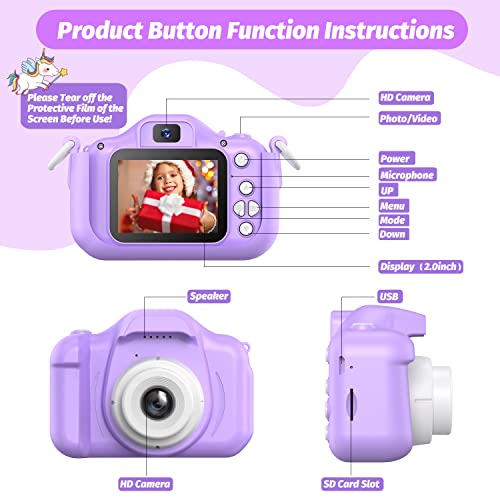 Upgrade Unicorn Kids Camera, Christmas Birthday Gifts for Girls Boys Age 3-12, 1080P HD Selfie Digital Video Camera for Toddlers, Cute Portable Little Girls Boys Gifts Toys for 3 4 5 6 7 8 9 Years Old