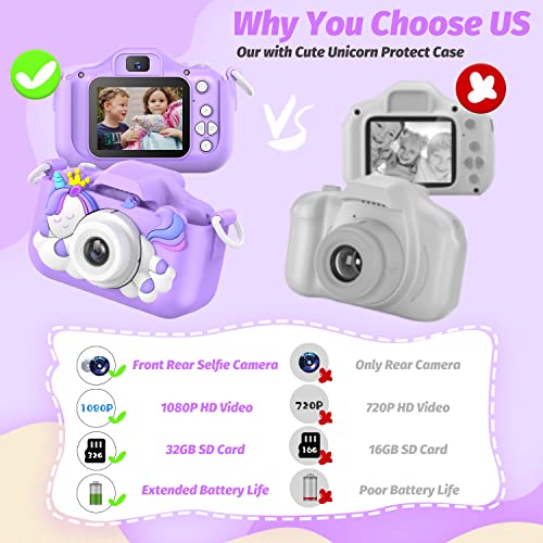 Upgrade Unicorn Kids Camera, Christmas Birthday Gifts for Girls Boys Age 3-12, 1080P HD Selfie Digital Video Camera for Toddlers, Cute Portable Little Girls Boys Gifts Toys for 3 4 5 6 7 8 9 Years Old