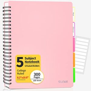 sunee 5 subject notebook college ruled - 300 pages, 8.2"x10.8", spiral lined notebook with 5 pocket colored dividers, 3-hole punched paper, pink notebooks for school supplies, home & office, writing journal