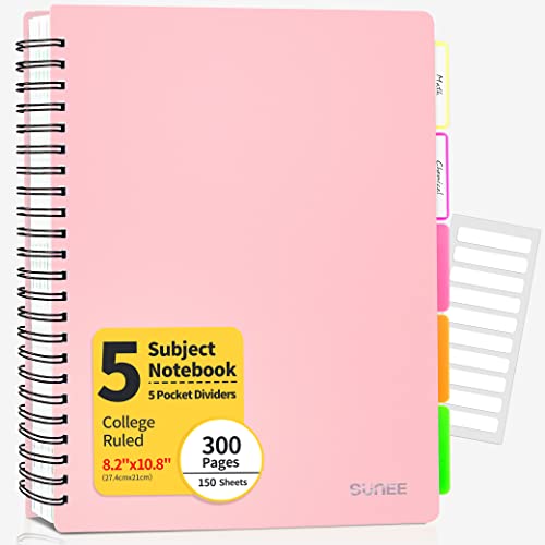 SUNEE 5 Subject Notebook College Ruled - 300 Pages, 8.2"x10.8", Spiral Lined Notebook with 5 Pocket Colored Dividers, 3-Hole Punched Paper, Pink Notebooks for School Supplies, Home & Office, Writing Journal