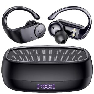 wireless earbuds bluetooth headphones with earhooks[solar charging &wireless charging with led display][ipx7 waterproof ]wireless over ear buds built-in mics headset for sport running workout-black