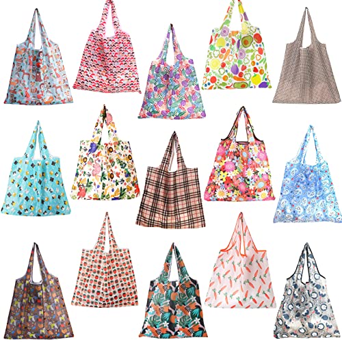 Niurewan 15 Pack Foldable Grocery Shopping Bags,Colorful Flower Reusable Grocery Bags,Large 50LBS Durable Shopping Totes for Groceries,Snacks,Vegetables,Fruits