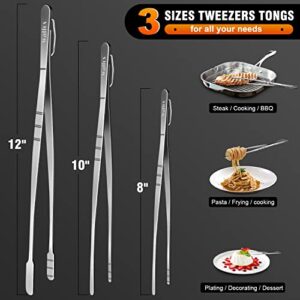 WALFOS Tweezer Tongs for Cooking,Kitchen Tweezers Stainless Steel Pasta Tweezers Tongs for Cooking, Roasting, Grabbing Small Objects, Dessert, BBQ,Spaghetti 3 Pcs (8+10+12-Inch)