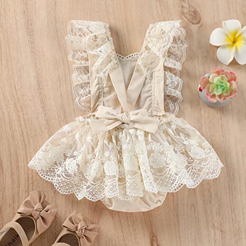 wdehow Infant Newborn Baby Girl Summer Romper Dress Floral Lace Tutu Embroidery Ruffles Backless Bodysuit One-Piece Jumpsuit (Khaki, 0-3 Months)