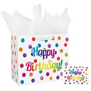 13" large happy birthday gift bag with card and tissue papers for kids colorful dots design with handles