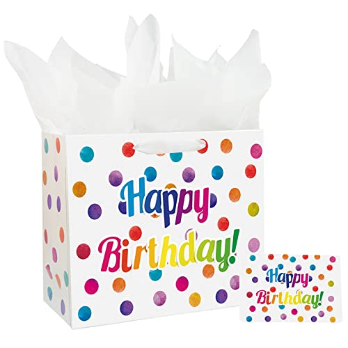 13" Large Happy Birthday Gift Bag with Card and Tissue Papers for Kids Colorful Dots Design with Handles