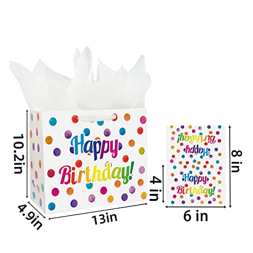 13" Large Happy Birthday Gift Bag with Card and Tissue Papers for Kids Colorful Dots Design with Handles