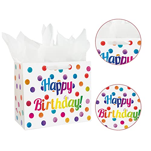 13" Large Happy Birthday Gift Bag with Card and Tissue Papers for Kids Colorful Dots Design with Handles