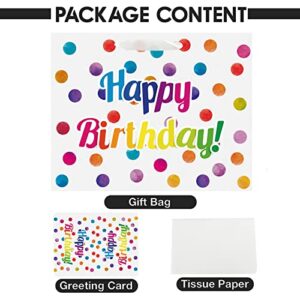 13" Large Happy Birthday Gift Bag with Card and Tissue Papers for Kids Colorful Dots Design with Handles