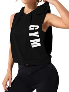 verdusa women's letter graphic sleeveless drawstring sports hoodie workout shirt black l